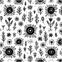 Seamless Hand-Drawn Floral Pattern: Black and White Botanical Design for Creative Projects