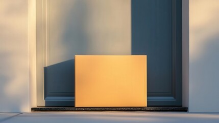 Postal Worker Concept, Package resting on doorstep, early morning sun, anticipation and safety