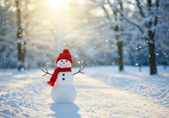 Friendly snowman in red hat and scarf enjoying snowy winter day