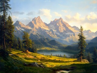 High‑Resolution Oil‑Style Mountain and River Painting Capturing Misty Peaks and Serene Waters in Scenic Wilderness autumn landscape with mountains and lake
