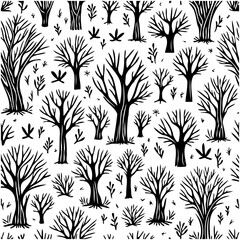 Seamless pattern with bare trees and bushes in black and white design