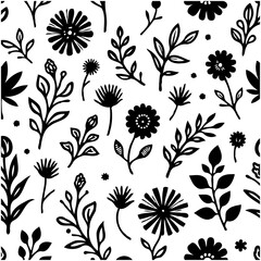 Elegant botanical pattern with floral and leaf designs in monochrome style for print