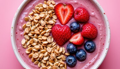 Colorful Bowl of Yogurt with Granola and Fresh Berries on a Pink Background