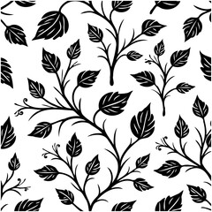Elegant botanical seamless pattern with stylized leaves and branches in black and white