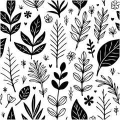 Black and White Botanical Pattern with Leaves, Flowers, and Hearts Ornament