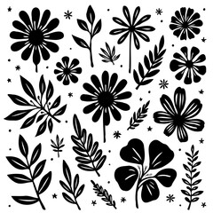Floral silhouettes collection: Flowers, leaves, and branches vector illustrations