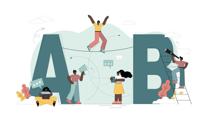 Movement towards the goal. From point A to point B. Little people are looking for ways to achieve their goals. Teamwork