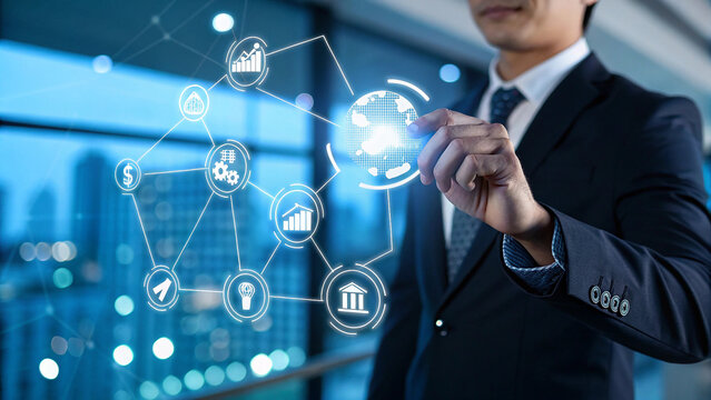 Man analysing financial graph, Stock market investment, Business Strategy and Financial Network