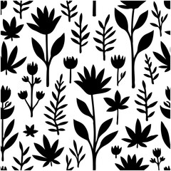 Elegant Black and White Floral Silhouette Pattern for Textile and Background Design