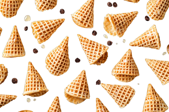 Waffle cones, chocolate bits on black background texture