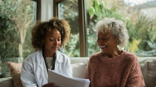 Young black woman doctor consulting elderly patient in bright living room  