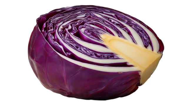 A vibrant half of a red cabbage showcasing its layered purple and white leaves and creamy yellow core isolated on transparent background