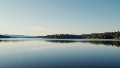 Panoramic View of a Serene Lake with Trees Reflected in Calm Waters Under a Clear Sky