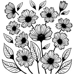Elegant Floral Arrangement in Black and White: Botanical Illustration of Daisies