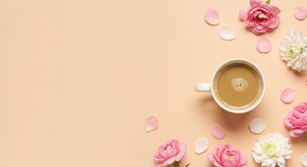 White cup with coffee surrounded by colorful flowers and petals on a beige background. Minimalist design for morning greeting card, mother day, Valentine day, Wedding.