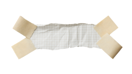 Torn gridded paper secured with beige medical tape isolated on transparent background
