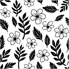 Elegant monochrome floral pattern with delicate blossoms and foliage illustration