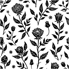 Elegant floral pattern with black rose and leaf silhouettes, seamless design