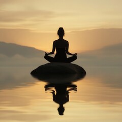 Serene silhouette of a person meditating on a rock over water during sunset