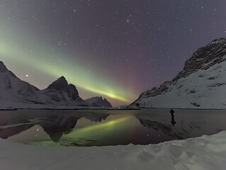 Vibrant Aurora Borealis over Quiet Mountain Lake Reflecting Tranquil Night Sky and Distant Peaks
sunset in the mountains