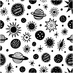 Doodle Space Cosmos Seamless Pattern with Planets Stars and Celestial Bodies