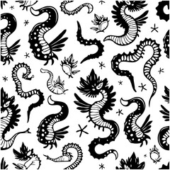 Monochrome seamless pattern of stylized dragons for textile and surface designs
