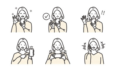 スマホを操作する若い女性のイラストセット