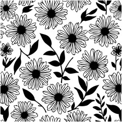 Elegant black and white floral pattern with daisy flowers and foliage design