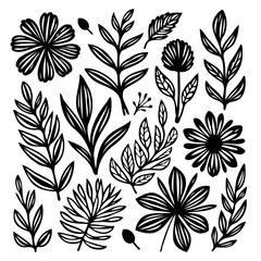 Elegant botanical illustration featuring diverse floral and foliar elements artwork