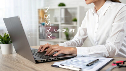 Checking documents on virtual screen, Document management concept, Document Management System