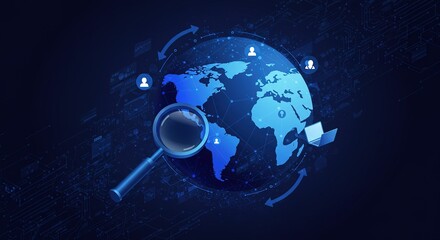 Globe with magnifying glass and human icons on a dark blue background.