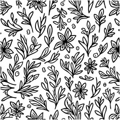 Monochrome botanical pattern design featuring stylized flowers and foliage elements