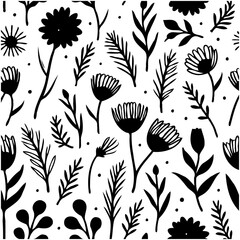 Elegant monochrome botanical pattern with floral elements and leafy branches