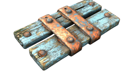 Weathered blue wood planks secured with rusty metal straps