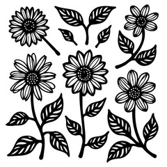 Elegant Sunflower Collection: Black and White Floral Illustration for Various Designs