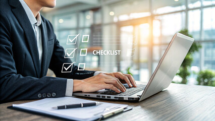 Documents management on laptop screen, Task Management Efficient Workflow and Productivity