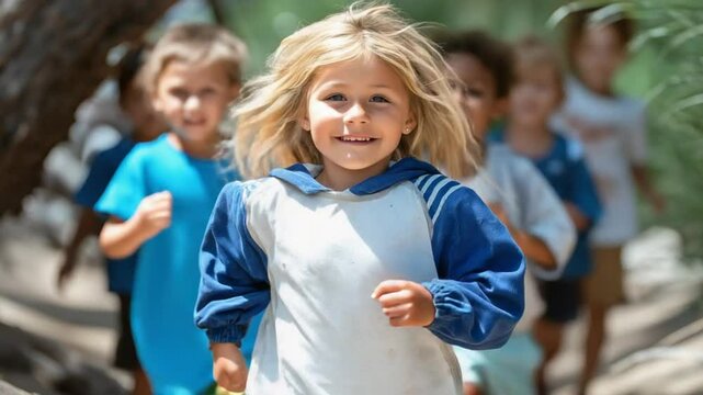 A cheerful girl leading friends in a fun conga line in nature
