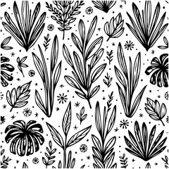 Seamless botanical pattern with hand-drawn tropical leaves and floral elements
