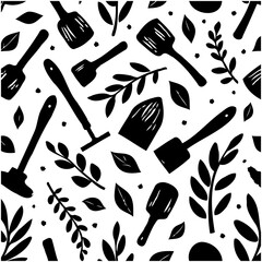 Seamless Pattern of Gardening Tools and Foliage: A Black and White Design