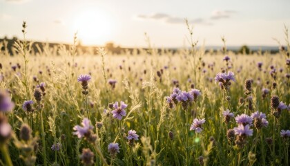 Lavender Flowers Blooming in a Sunlit Field at Sunset in the Countryside