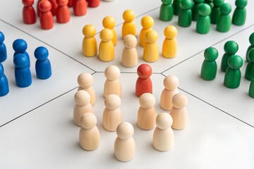 Colorful Wooden Figurines on Grid Representing Data Segmentation, Diversity, and Clustering