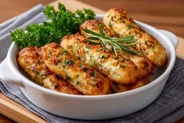 Fototapeta premium Crispy fried potato sticks garnished with rosemary and parsley in a white bowl