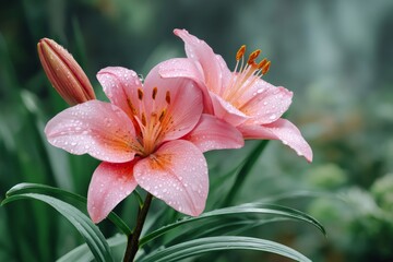 Obraz premium Two pink lilies blooming in the garden with water drops