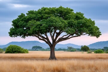 Fototapeta premium Large green tree growing in dry savanna grass field with hills and cloudy sky