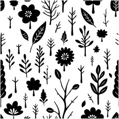 Seamless botanical pattern with minimalist monochrome floral and foliage design