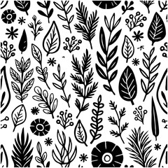 Seamless botanical pattern with hand-drawn leaves and flowers, black and white