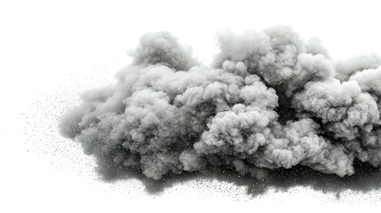 Grey cloud of dispersed particles against a white background.