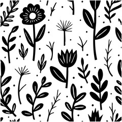 Black and White Botanical Pattern with Flowers and Leaves for Modern Design
