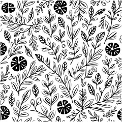 Elegant black and white seamless pattern featuring stylized leaves and floral elements