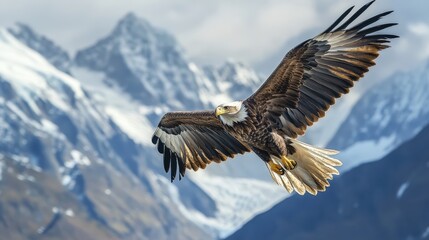 A Majestic Bald Eagle Soars Over Snowy Mountain Peaks